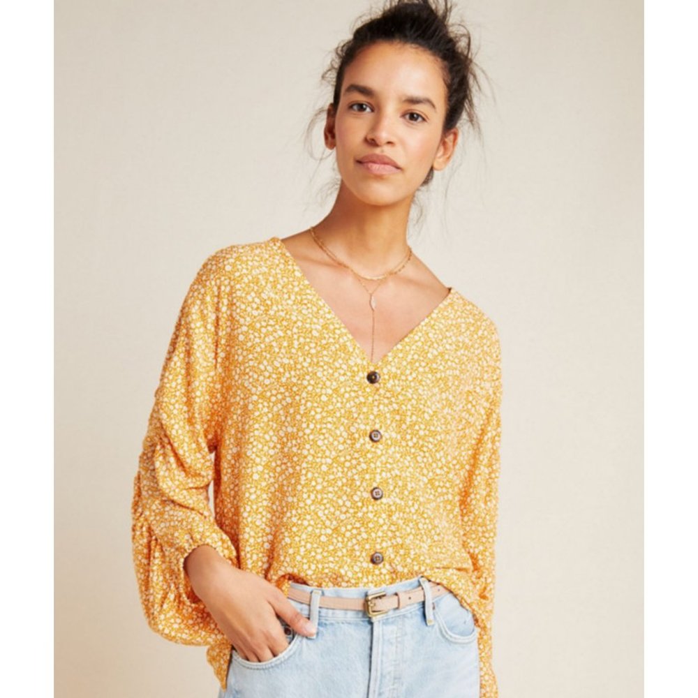 Yellow Floral Button-Up Women's Top